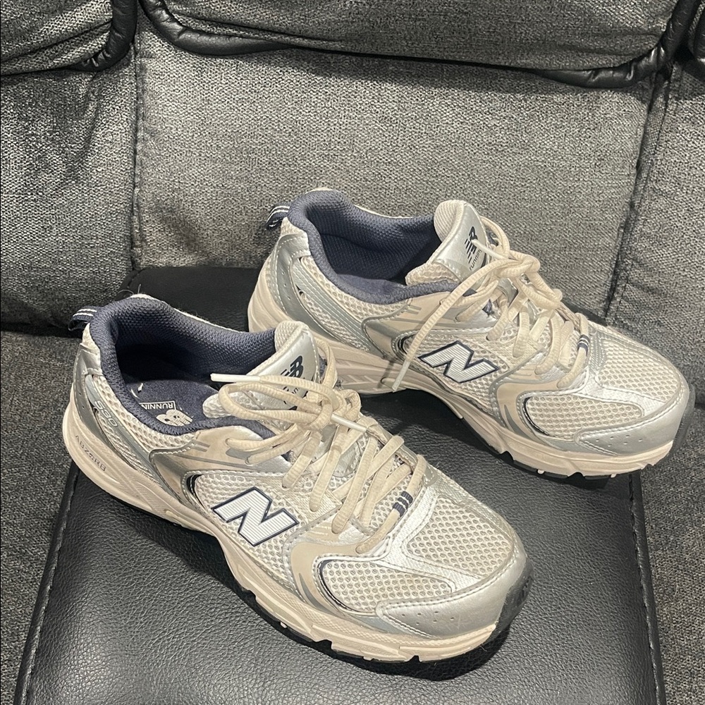 New Balance Light Gray and Navy Sneakers
